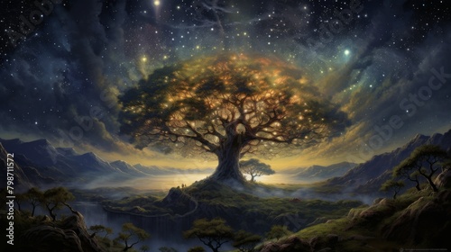 Epic mystical tree illuminating under a starry sky with vast landscapes and travelers
