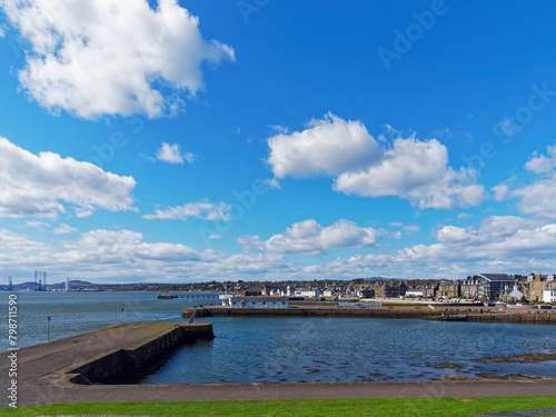 Looking from Broughty Ferry Castle Harbour towards the Town and Beach Crescent with the Houses and Apartments lining the Shoreline.