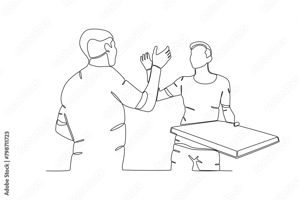 Single continuous line drawing of Neighbors who provide assistance with daily needs. Having small talk, concept one line draw graphic design vector illustration.
