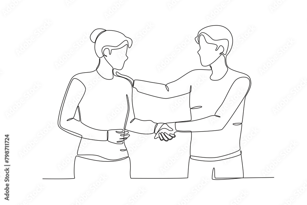 Single continuous line drawing of Neighbors shaking hands to say thank you. Having small talk, concept one line draw graphic design vector illustration.
