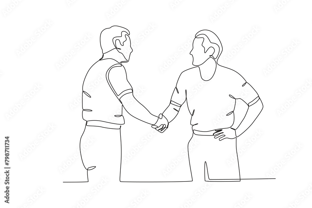 Single continuous line drawing of Neighbors shaking hands to say thank you. Having small talk, concept one line draw graphic design vector illustration.

