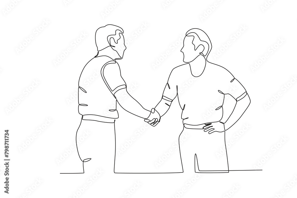 Single continuous line drawing of Neighbors shaking hands to say thank