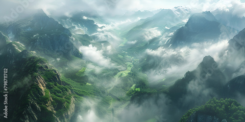  mountains greenery fogs clouds view of the valley in the clouds mountains on the clouds background © Muhammad