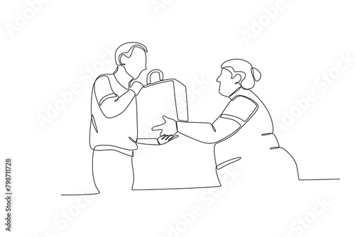 Single continuous line drawing of Neighbors sharing food. Having small talk, concept one line draw graphic design vector illustration. 