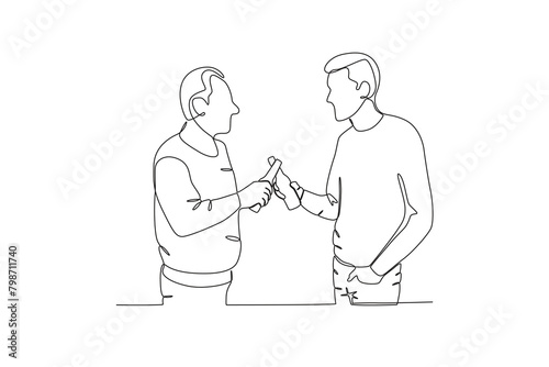 Single continuous line drawing of Neighbors sharing drinks. Having small talk, concept one line draw graphic design vector illustration.
