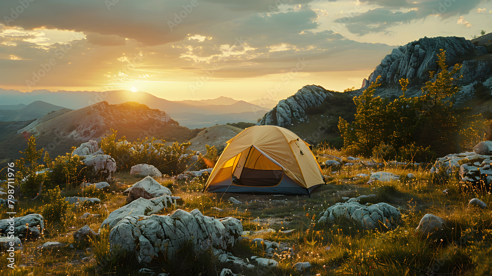 An outdoor camping photo featuring a tent in the middle of a beautiful and natural landscape, creating a sense of tranquility and adventure.