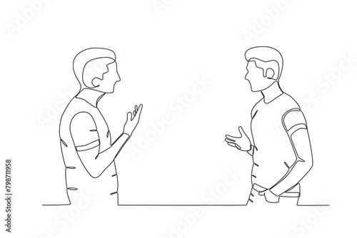 Single continuous line drawing of Neighbors who help when someone falls. Having small talk, concept one line draw graphic design vector illustration.
