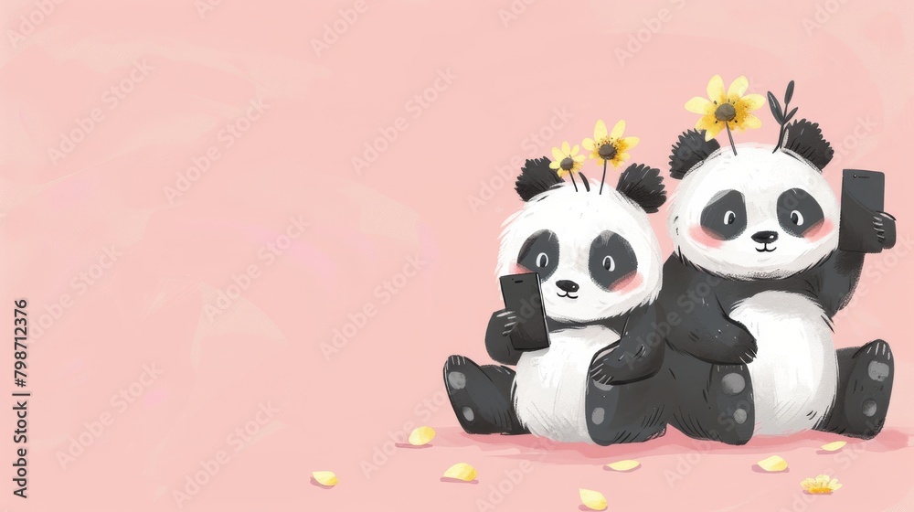 Two pandas with smartphones and flower crowns sitting on a pink background - obrazy, fototapety, plakaty 