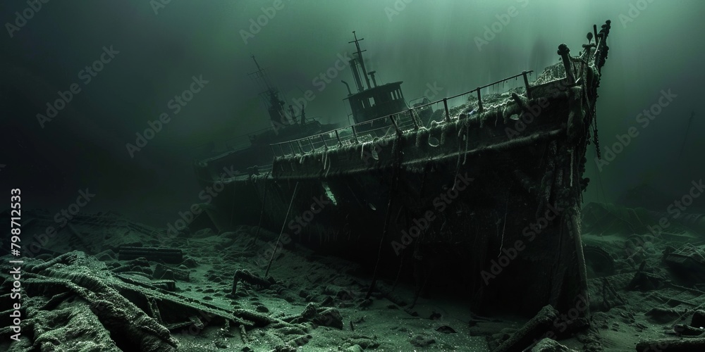 broken shipwreck under the deep blue sea. broken shipwreck under the deep blue sea.