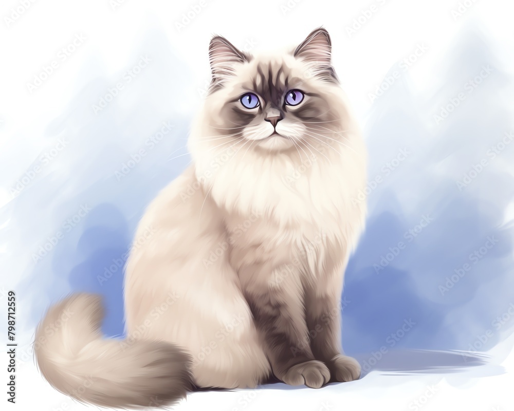 A watercolor painting of a fluffy white cat with blue eyes sitting on a white background.
