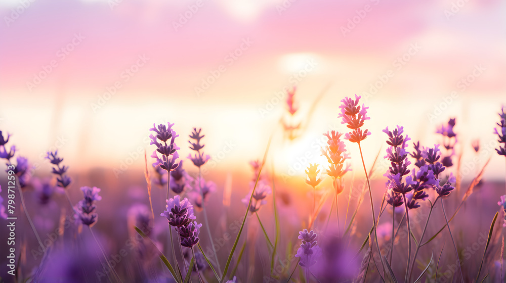Beautiful lavender meadow under sunset sky 