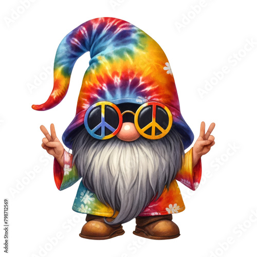 A whimsical gnome in a hippie-style tie-dye outfit and peace sunglasses  with long hair obscuring the face except for the nose and mouth  now partying. The gnome s large hat completely covers the eyes