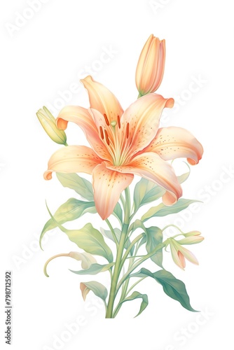 A watercolor painting of a lily with peach-colored petals and green leaves. © Timaren