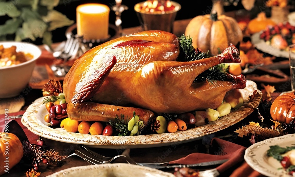 Thanksgiving dinner. Roasted turkey garnished with cranberries on a rustic style table decoraded with pumpkins, vegetables, pie, flowers and candles Thanksgiving dinner. Roasted turkey garnished with cranberries on a rustic style table decoraded with pumpkins, vegetables, pie, flowers and candles