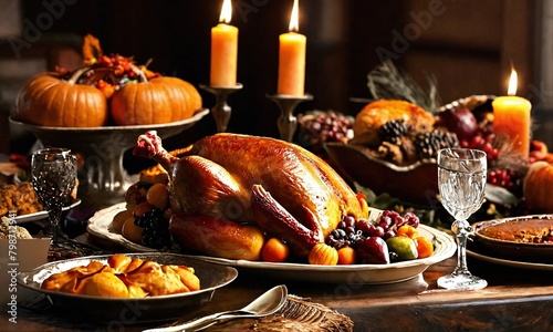 Thanksgiving dinner. Roasted turkey garnished with cranberries on a rustic style table decoraded with pumpkins, vegetables, pie, flowers and candles photo