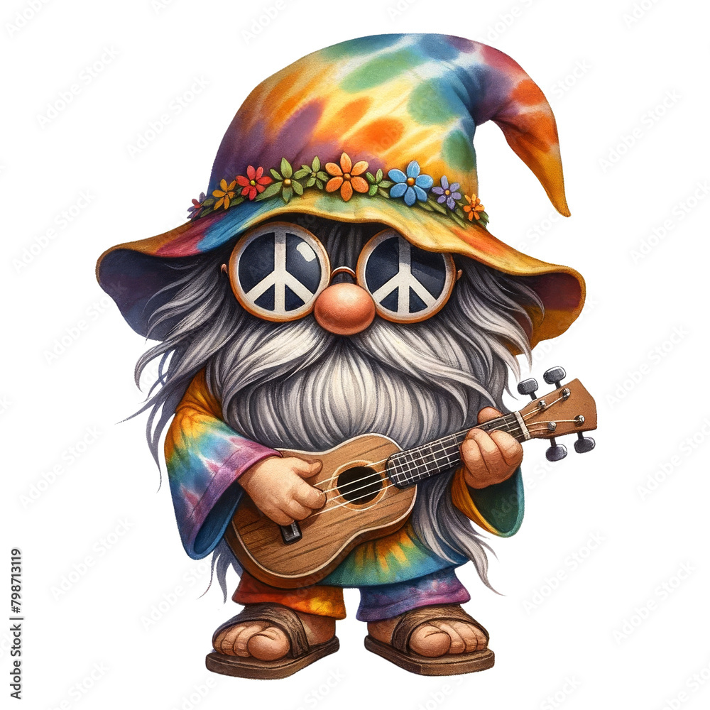 A whimsical gnome in a hippie-style tie-dye outfit and peace sunglasses, with long hair obscuring the face except for the nose and mouth, now playing a ukulele. The gnome's large hat completely covers