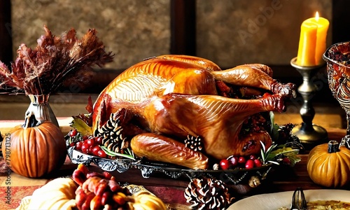 Thanksgiving dinner. Roasted turkey garnished with cranberries on a rustic style table decoraded with pumpkins, vegetables, pie, flowers and candles photo