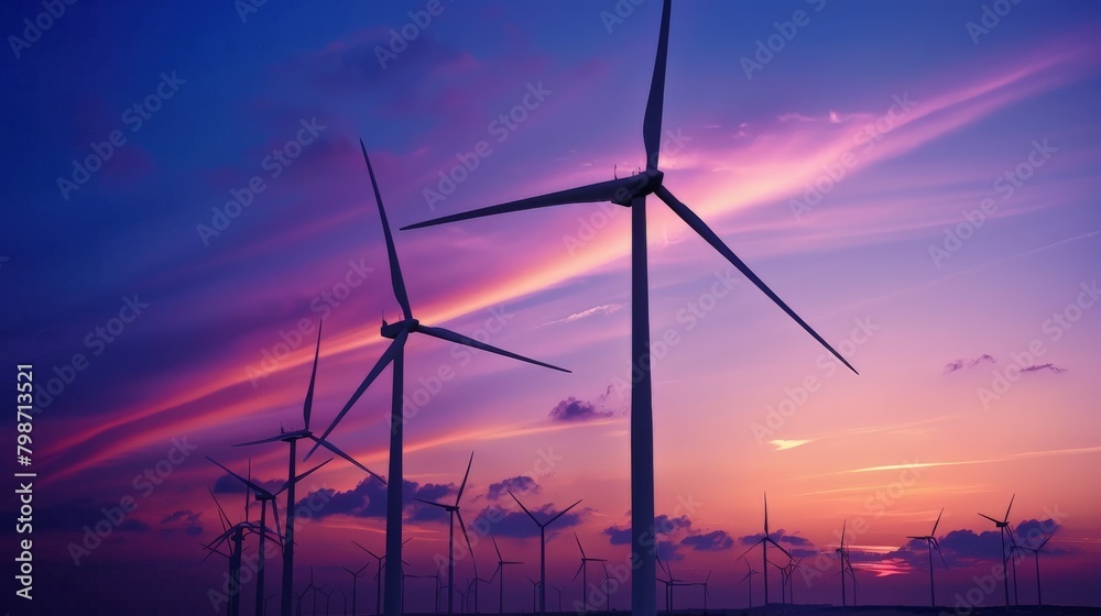 Obraz premium A serene scene of a wind farm at sunset, the turbines standing tall against the vibrant sky, capturing the elegance and potential of wind power as a sustainable energy source