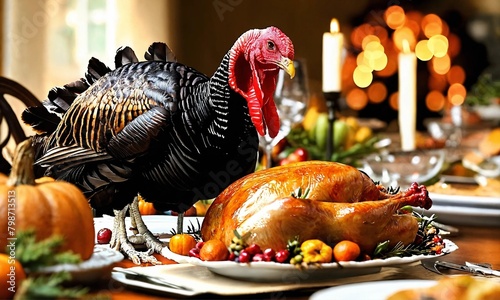 Thanksgiving dinner. Roasted turkey garnished with cranberries on a rustic style table decoraded with pumpkins, vegetables, pie, flowers and candles photo