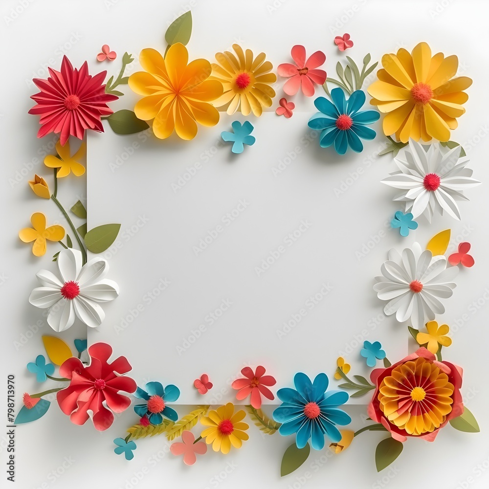 Vibrant Paper Cut Floral Border on Blank Background