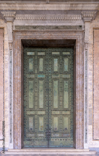 The Archbasilica of Saint John Lateran (Basilica di San Giovanni in Laterano). The main portal, bronze doors from the Curia Iulia. Lateran Basilica or Saint John Lateran. Rome