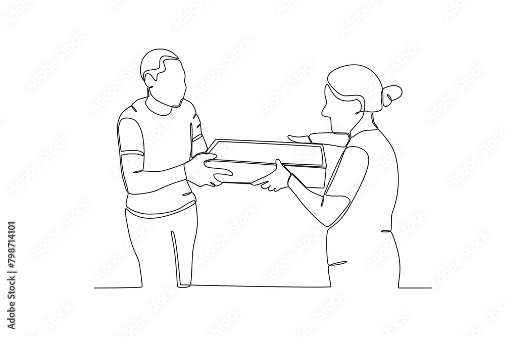 Single continuous line drawing of Neighbors who provide assistance with daily needs. Having small talk, concept one line draw graphic design vector illustration.
