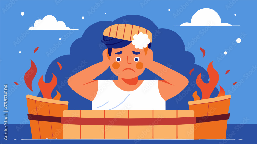 Naklejka premium As the heat increases in the sauna a person with a migraine feels their tension and stress melt away helping to prevent future headaches..