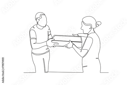 Single continuous line drawing of Neighbors who provide assistance with daily needs. Having small talk, concept one line draw graphic design vector illustration.
