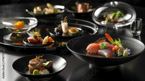 Create an elegant and opulent setting for Japanese Imperial cuisine, featuring a meticulously arranged kaiseki meal on a glossy black lacquer table The dishes should be traditional, with each componen photo