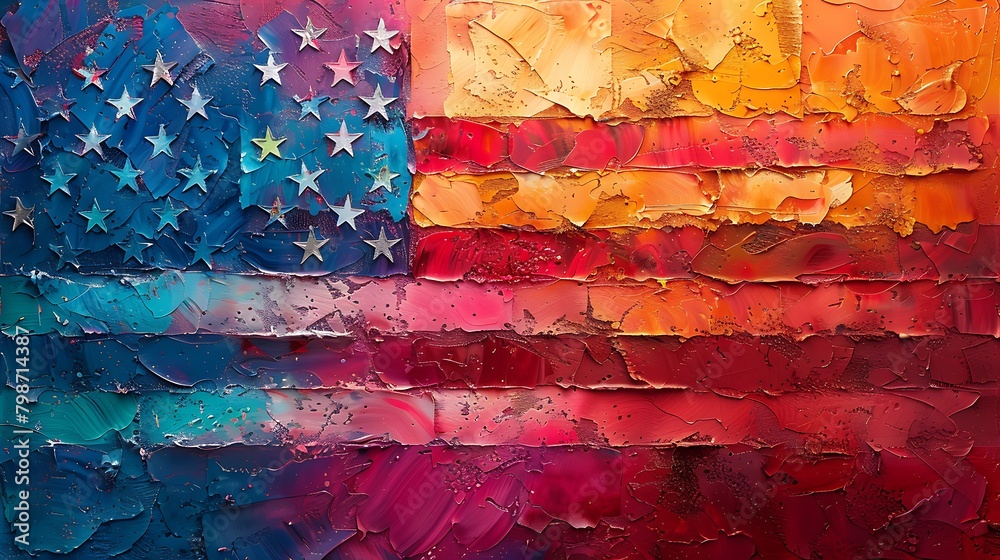 Fototapeta premium An artistically vibrant USA flag, featuring festival-inspired colors that infuse a playful and joyful spirit into the traditional patriotic symbol.