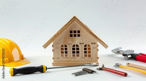 Dynamic shot of an android operating construction tools, building a house on a clean white background, HD, no noise