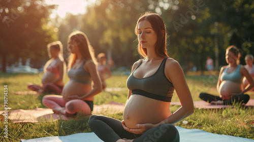 Young pregnant woman doing yoga in a summer park