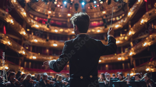 A male conductor controls an orchestra in a theater hall