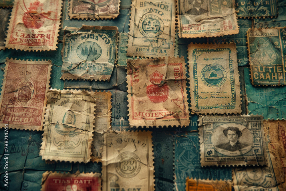 Textured surface of vintage postage stamps, featuring intricate designs and aged paper. Vintage postage stamp textures offer a nostalgic and travel-inspired backdrop