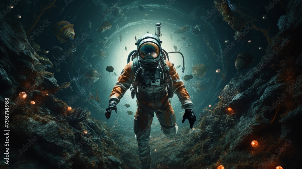 Astronaut in otherworldly underwater exploration amidst alien sea life