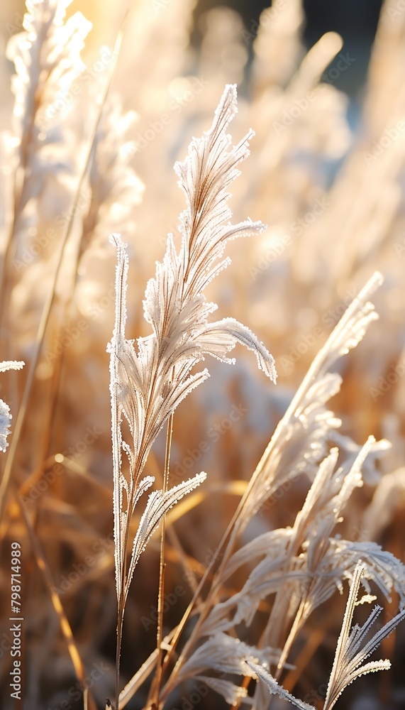 Obraz premium Close-up of white fluffy grass, covered with morning frost, sparkling in the gentle sunlight.