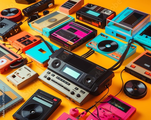 A variety of old audio cassette tapes and players from the 80s and 90s on a yellow background. photo
