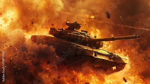 War scene with MBT dashing through explosive flames, detailed fire effects, powerful and clear depiction of military might photo