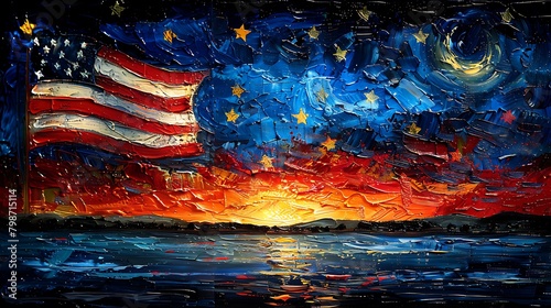 An homage to both American pride and classic art, featuring the USA flag's stripes dissolving into a dramatic Van Gogh-inspired starry night sky.