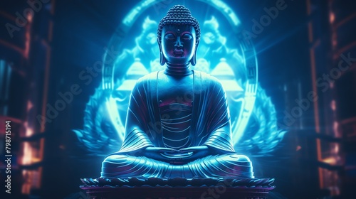 The image is of a glowing blue Buddha statue sitting in a state of meditation, with a glowing blue background.
