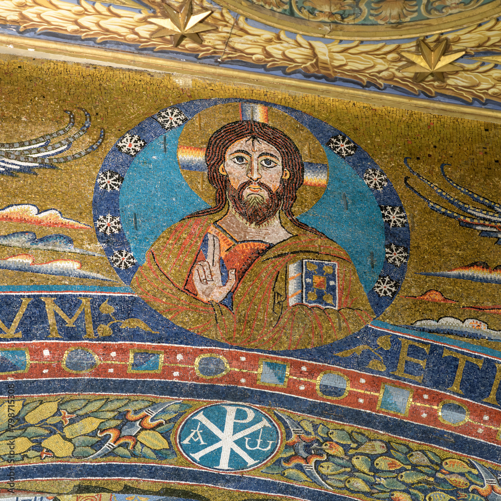 Christ Pantocrator. Mosaic on the triumphal arch in the Apse in the Basilica of Saint Clement. Rome, Italy.