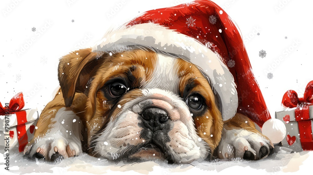 A cute puppy wearing a Santa hat is lying in the snow next to a wrapped present.