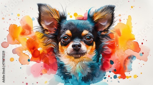 vibrant watercolor painting of a chihuahua with paint splatters photo