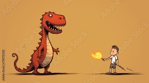 Young boy and friendly dragon in magical workshop with fiery forge