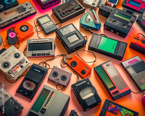 A collection of old cassette tapes and players from the 80s and 90s. photo