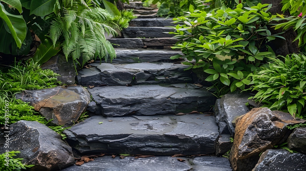 Stone steps surrounded by lush greenery Stone steps surrounded by lush greenery