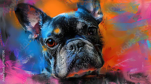 A stunning painting of a French Bulldog created with vibrant colors and expressive brushstrokes, capturing the dog's playful and affectionate personality. photo
