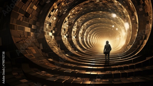Man discovering a futuristic circular tunnel with glowing lights and abstract design