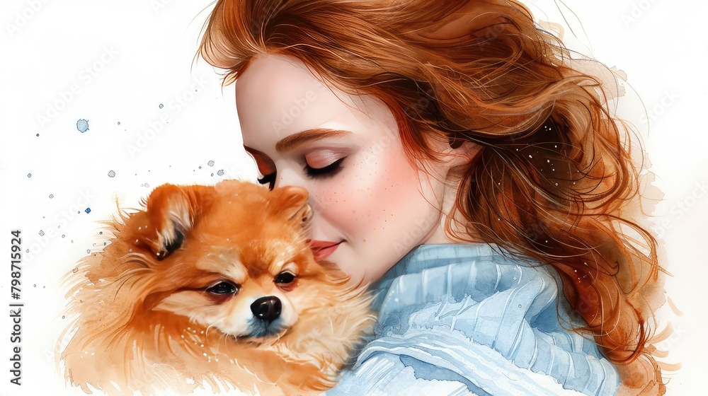 Beautiful watercolor painting of a young woman with long red hair, freckles, and blue eyes, cuddling a cute Pomeranian puppy. Beautiful watercolor painting of a young woman with long red hair, freckles, and blue eyes, cuddling a cute Pomeranian puppy.