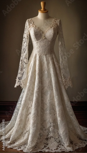 Bohemian Romance  Lace Sleeve Bridal Gown on a Full Body Mannequin